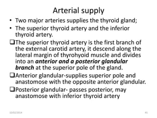 Arterial supply
• Two major arteries supplies the thyroid gland;
• The superior thyroid artery and the inferior
thyroid artery.
The superior thyroid artery is the first branch of
the external carotid artery, it descend along the
lateral margin of thyrohyoid muscle and divides
into an anterior and a posterior glandular
branch at the superior pole of the gland.
Anterior glandular-supplies superior pole and
anastomose with the opposite anterior glandular.
Posterior glandular- passes posterior, may
anastomose with inferior thyroid artery
10/02/2014

45

 