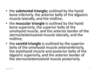 • the submental triangle; outlined by the hyoid
bone inferiorly, the anterior belly of the digastric
muscle laterally, and the midline;
• the muscular triangle is outlined by the hyoid
bone superiorly, the superior belly of the
omohyoid muscle, and the anterior border of the
sternocleidomastoid muscle laterally, and the
midline;
• the carotid triangle is outlined by the superior
belly of the omohyoid muscle anteroinferiorly,
the stylohyoid muscle and posterior belly of the
digastric superiorly, and the anterior border of
the sternocleidomastoid muscle posteriorly.
10/02/2014

9

 