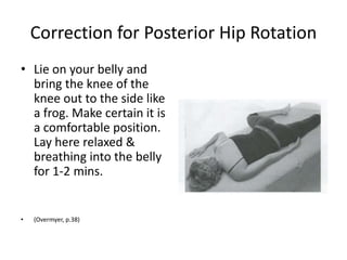 Correction for Posterior Hip Rotation
• Lie on your belly and
  bring the knee of the
  knee out to the side like
  a frog. Make certain it is
  a comfortable position.
  Lay here relaxed &
  breathing into the belly
  for 1-2 mins.


•   (Overmyer, p.38)
 
