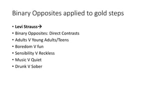 Binary Opposites applied to gold steps
• Levi Strauss
• Binary Opposites: Direct Contrasts
• Adults V Young Adults/Teens
• Boredom V fun
• Sensibility V Reckless
• Music V Quiet
• Drunk V Sober
 