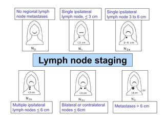 Single ipsilateral lymph node 3 to 6 cmSingle ipsilateral lymph node, < 3 cmNo regional lymph node metastasesMultiple ipsilateral lymph nodes < 6 cmBilateral or contralateral nodes < 6cmMetastases > 6 cmLymph node staging