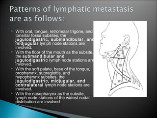  With oral, tongue, retromolar trigone, and
tonsillar fossa subsites, the
jugulodigastric, submandibular, and
midjugular lymph node stations are
involved.
 With the floor of the mouth as the subsite,
the submandibular and
jugulodigastric lymph node stations are
involved.
 With the soft palate, base of the tongue,
oropharynx, supraglottis, and
hypopharynx subsites, the
jugulodigastric, midjugular, and
contralateral lymph node stations are
involved.
 With the nasopharynx as the subsite,
lymph node stations of the widest nodal
distribution are involved.
 