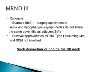  Rationale
Suarez (1963) – surgery specimens of
larynx and hypopharynx – lymph nodes do not share
the same adventitia as adjacent BV’s
 Survival approximates MRND Type I assuming IJV,
and SCM not involved
Neck dissection of choice for N0 neck
 