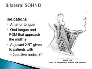 Indications
 Anterior tongue
 Oral tongue and
FOM that approach
the midline
 Adjuvant XRT given
to patients with
> 2positive nodes +/-
 