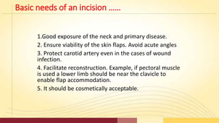 Basic needs of an incision ……
1.Good exposure of the neck and primary disease.
2. Ensure viability of the skin flaps. Avoi...