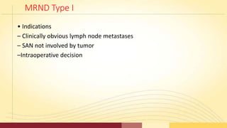 MRND Type I
• Indications
– Clinically obvious lymph node metastases
– SAN not involved by tumor
–Intraoperative decision
 