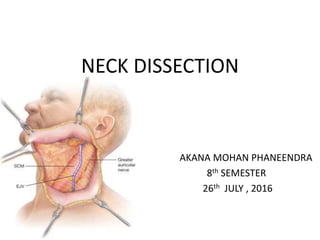 NECK DISSECTION
AKANA MOHAN PHANEENDRA
Final M.B.B.S part-2
8th SEMESTER
26th JULY , 2016
 