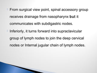  From surgical view point, spinal accessory group
receives drainage from nasopharynx but it
communicates with subdigastric nodes.
 Inferiorly, it turns forward into supraclavicular
group of lymph nodes to join the deep cervical
nodes or Internal jugular chain of lymph nodes.
 
