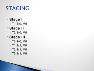  Stage I
◦ T1, N0, M0
 Stage II
◦ T2, N0, M0
 Stage III
◦ T3, N0, M0
◦ T1, N1, M0
◦ T2, N1, M0
◦ T3, N1, M0
 