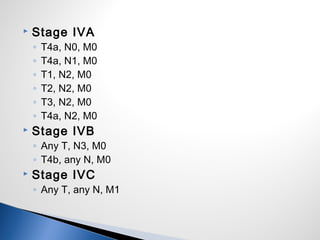  Stage IVA
◦ T4a, N0, M0
◦ T4a, N1, M0
◦ T1, N2, M0
◦ T2, N2, M0
◦ T3, N2, M0
◦ T4a, N2, M0
 Stage IVB
◦ Any T, N3, M0
◦ T4b, any N, M0
 Stage IVC
◦ Any T, any N, M1
 