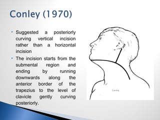  Suggested a posteriorly
curving vertical incision
rather than a horizontal
incision
 The incision starts from the
submental region and
ending by running
downwards along the
anterior border of the
trapezius to the level of
clavicle gently curving
posteriorly.
 