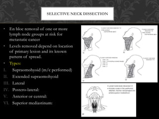 • En bloc removal of one or more
lymph node groups at risk for
metastatic cancer
• Levels removed depend on location
of primary lesion and its known
pattern of spread.
• Types:
I. Supraomohyoid (m/c performed)
II. Extended supraomohyoid
III. Lateral
IV. Postero-lateral:
V. Anterior or central:
VI. Superior mediastinum:
SELECTIVE NECK DISSECTION
 