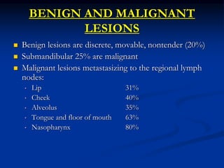 BENIGN AND MALIGNANT
LESIONS
 Benign lesions are discrete, movable, nontender (20%)
 Submandibular 25% are malignant
 Malignant lesions metastasizing to the regional lymph
nodes:
• Lip 31%
• Cheek 40%
• Alveolus 35%
• Tongue and floor of mouth 63%
• Nasopharynx 80%
 