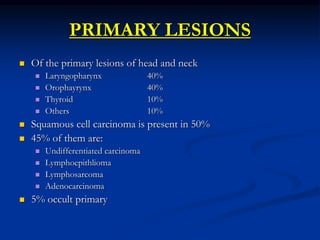 PRIMARY LESIONS
 Of the primary lesions of head and neck
 Laryngopharynx 40%
 Orophayrynx 40%
 Thyroid 10%
 Others 10%
 Squamous cell carcinoma is present in 50%
 45% of them are:
 Undifferentiated carcinoma
 Lymphoepithlioma
 Lymphosarcoma
 Adenocarcinoma
 5% occult primary
 
