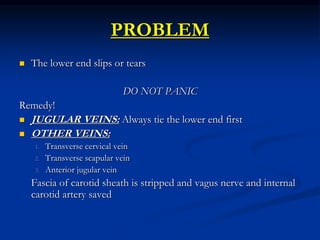 PROBLEM
 The lower end slips or tears
DO NOT PANIC
Remedy!
 JUGULAR VEINS: Always tie the lower end first
 OTHER VEINS:
1. Transverse cervical vein
2. Transverse scapular vein
3. Anterior jugular vein
Fascia of carotid sheath is stripped and vagus nerve and internal
carotid artery saved
 