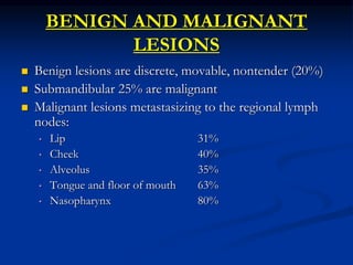 BENIGN AND MALIGNANT
LESIONS
 Benign lesions are discrete, movable, nontender (20%)
 Submandibular 25% are malignant
 M...