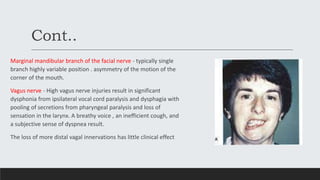 Cont..
Marginal mandibular branch of the facial nerve - typically single
branch highly variable position . asymmetry of the motion of the
corner of the mouth.
Vagus nerve - High vagus nerve injuries result in significant
dysphonia from ipsilateral vocal cord paralysis and dysphagia with
pooling of secretions from pharyngeal paralysis and loss of
sensation in the larynx. A breathy voice , an inefficient cough, and
a subjective sense of dyspnea result.
The loss of more distal vagal innervations has little clinical effect
 