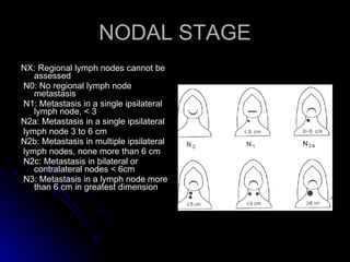 NODAL STAGE <ul><li>NX: Regional lymph nodes cannot be assessed </li></ul><ul><li>N0: No regional lymph node metastasis </...