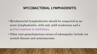 MYCOBACTERIAL LYMPHADENITIS
• Mycobacterial lymphadenitis should be suspected in an
acute lymphadenitis, with only mild tenderness and a
partial response to antibiotics.
• Other rare granulomatous causes of adenopathy include cat
scratch disease and actinomycosis.
 