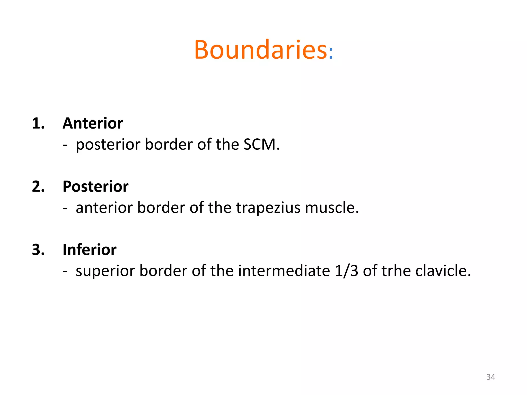 Boundaries:

1. Anterior
   - posterior border of the SCM.

2. Posterior
   - anterior border of the trapezius muscle.

3. Inferior
   - superior border of the intermediate 1/3 of trhe clavicle.




                                                                 34
 