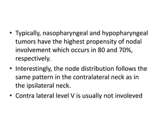 Incidence and distribution of regional metastasis for
Levels I–V for clinically N0 neck
• Tumor site Levels involved (%)
I...
