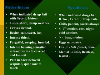 Medorrhinum
• When indicated drugs fail
with Sycotic history.
• > -Sea shore, damp weather.
• Craves alcohol.
• Desire -salt, sweet, ice.
• Intense thirst.
• Forgetful, weeping, hurried.
• Intense burning sensation
in hand wants to covered
and fanned.
• Pain in back between
scapulae, spine sore to
touch
• When indicated drugs like
R.Tox., Ferr.m., Thuja fails.
• Chilly patient, covers always
• < -1st motion, rest, night,
cold weather.
• > - heat, motion.
• Eggs nauseates.
• Desire - Salt ,Sweet, Sour.
• Mental :-Tense, Restless,
fearful .
Sycotic co.
 
