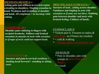 FAGOPHYRUM: -
Shoulder pain radiating to fingers with
occipital headache. Stiffness and bruised
sensation in muscles of neck with sensation
as if nape of neck could not support head.
NICOTIANA RUSTICA :-
Aching pain and stiffness in cervical region
extending to shoulders. Tingling sensation in
hand. Weakness and trembling of shoulder
and hand. All complaints < in morning while
waking.
RADIUM BROM :-
Soreness and pain in cervical vertebrae <
bending head forward > standing or sitting
erect
ORYCTOLAGUS CUNICULUS :-
Soreness of neck , aching across shoulder.
Numbness and tingling in arm with
sensation as if arms are not there. Stabbing
pain between shoulder and neck with
bruised feeling. Coldness of hands.
GYMNOCLADUS
* Violent pain lt. Forearm in radius &
index finger as if bones are crushed.
* < cold & walking
* > leaning against something & rest.
ANAGALIS
* Pain in shoulder, arm with
cramps in balls of thumb &
fingers.
* < touch
 