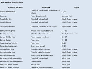 CERVICAL MUSCLES FUNCTION NERVE
Sternocleidomastoid
Extends & rotates head, flexes vertebral
column
C2, C3
Scalenus Flexes & rotates neck Lower cervical
Spinalis Cervicis Extends & rotates head Middle/lower cervical
Spinalis Capitus Extends & rotates head Middle/lower cervical
Semispinalis Cervicis Extends & rotates vertebral column Middle/lower cervical
Semispinalis Capitus Rotates head & pulls backward C1 – C5
Splenius Cervicis Extends vertebral column Middle/lower cervical
Longus Colli Cervicis Flexes cervical vertebrae C2 – C7
Longus Capitus Flexes head C1 – C3
Rectus Capitus Anterior Flexes head C2, C3
Rectus Capitus Lateralis Bends head laterally C2, C3
Iliocostalis Cervicis Extends cervical vertebrae Middle/lower cervical
Longissimus Cervicis Extends cervical vertebrae Middle/lower cervical
Longissimus Capitus Rotates head & pulls backward Middle/lower cervical
Rectus Capitus Posterior Major Extends & rotates head Suboccipital
Rectus Capitus Posterior Minor Extends head Suboccipital
Obliquus Capitus Inferior Rotates atlas Suboccipital
Obliquus Capitus Superior Extends & bends head laterally Suboccipital
Muscles of the Spinal Column
 
