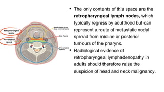 • The only contents of this space are the
retropharyngeal lymph nodes, which
typically regress by adulthood but can
represent a route of metastatic nodal
spread from midline or posterior
tumours of the pharynx.
• Radiological evidence of
retropharyngeal lymphadenopathy in
adults should therefore raise the
suspicion of head and neck malignancy.
 