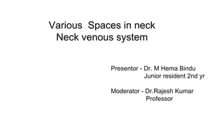 Various Spaces in neck
Neck venous system
Presentor - Dr. M Hema Bindu
Junior resident 2nd yr
Moderator - Dr.Rajesh Kumar
Professor
 
