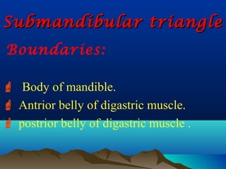Submandibular triangle
Boundaries:

 Body of mandible.
 Antrior belly of digastric muscle.
 postrior belly of digastric muscle .
 