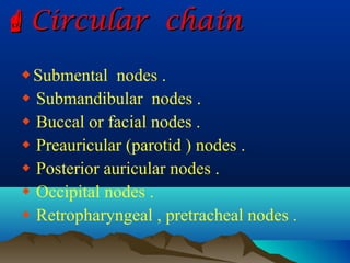  Circular chain
 Submental nodes .
  Submandibular nodes .
  Buccal or facial nodes .
  Preauricular (parotid ) nodes .
  Posterior auricular nodes .
  Occipital nodes .
  Retropharyngeal , pretracheal nodes .
 