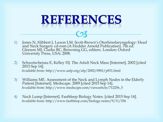 
1) Jones N, Hibbert J, Luxon LM. Scott-Brown’s Otorhinolaryngology: Head
and Neck Surgery cd-rom (A Hodder Arnold Publication). 7th ed.
Gleeson MJ, Clarke RC, Browning GG, editors. London: Oxford
University Press, USA; 2008.
2) Schwetschenau E, Kelley DJ. The Adult Neck Mass [Internet]. 2002 [cited
2015 Sep 14].
Available from: http://www.aafp.org/afp/2002/0901/p831.html
3) Williams ME. Assessment of the Neck and Lymph Nodes in the Elderly
Patient [Internet]. Medscape. 2009 [cited 2015 Sep 14].
Available from: http://www.medscape.com/viewarticle/712256_5
4) Neck Lump [Internet]. Fastbleep Biology Notes. [cited 2015 Sep 14].
Available from: http://www.fastbleep.com/biology-notes/9/11/356
 
