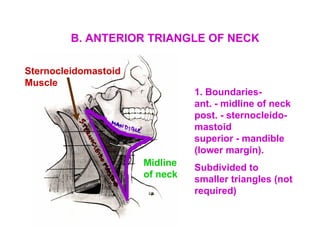B. ANTERIOR TRIANGLE OF NECK

Sternocleidomastoid
Muscle
                                1. Boundaries-
                                ant. - midline of neck
                                post. - sternocleido-
                                mastoid
                                superior - mandible
                                (lower margin).
                      Midline   Subdivided to
                      of neck   smaller triangles (not
                                required)
 