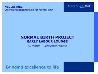 NORMAL BIRTH PROJECT EARLY LABOUR LOUNGE Ali Herron – Consultant Midwife NECLEs HIEC   Optimising opportunities for normal birth  