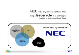 NEC is the only company worldwide that is
                                taking a leader role in all technologies
                                          required to realize true Mobile Cloud




        NEW
     GENERATION           LTE
      DEVICES




                CLOUD
              COMPUTING
                                        MOBILE
                                        CLOUD




37
 