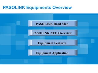 PASOLINK Equipments Overview
PASOLINK Road Map
PASOLINK NEO Overview
Equipment Features
Equipment Application
 