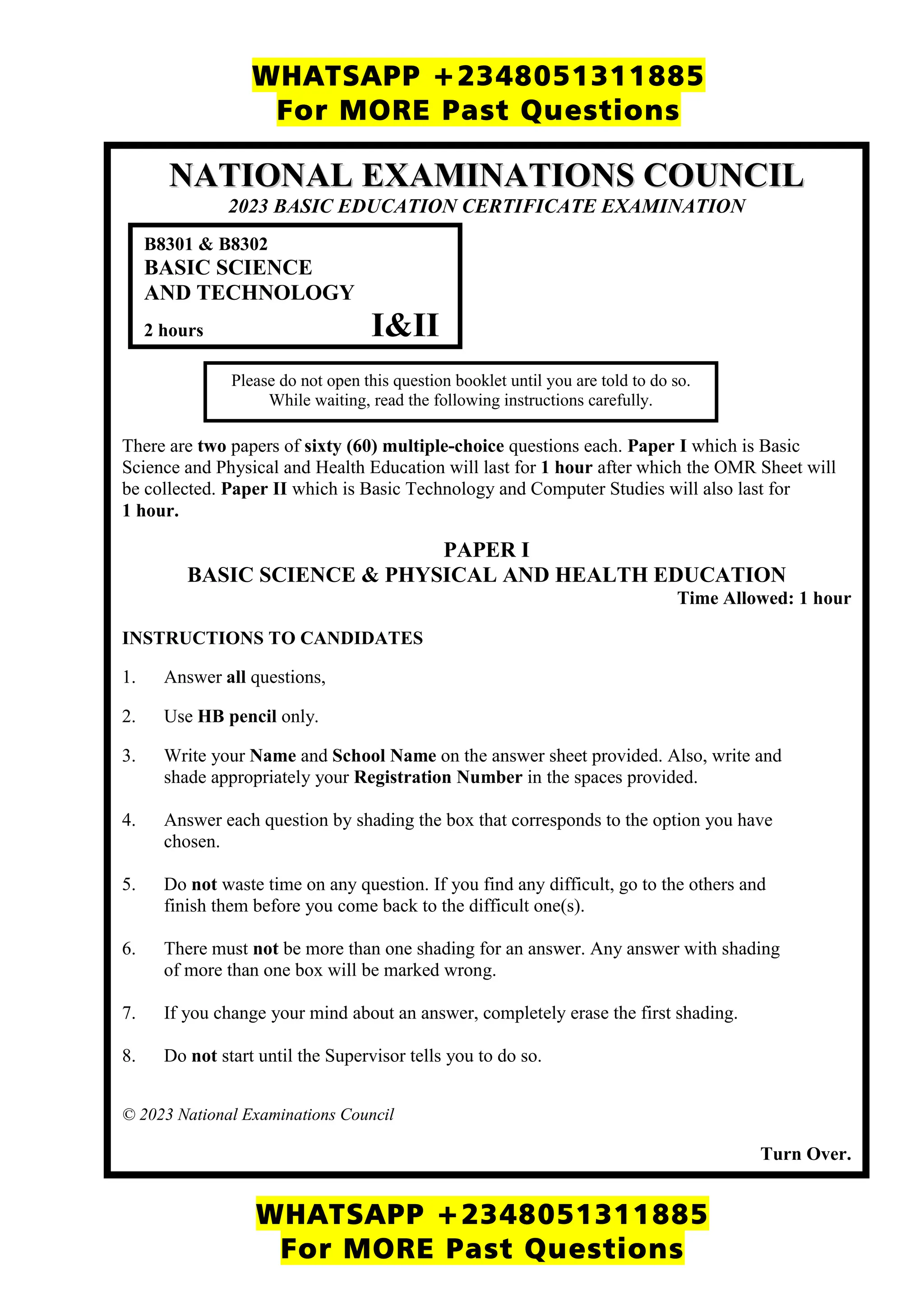 NECO BECE Basic Science Past Questions and Answer for JSS3 PDF