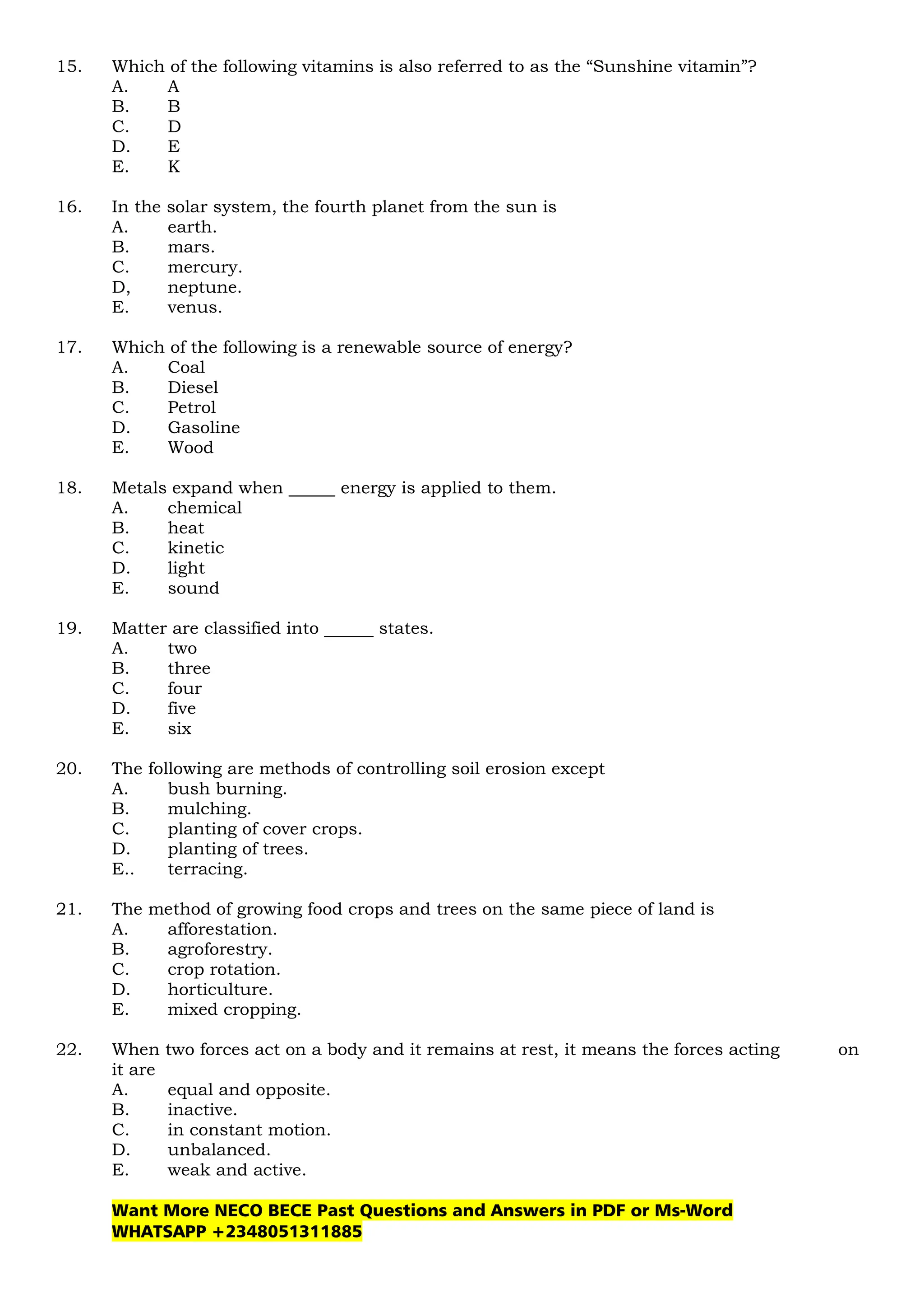 NECO BECE Basic Science Past Questions and Answer for JSS3 | PDF