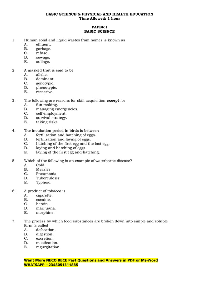 NECO BECE Basic Science Past Questions and Answer for JSS3 | PDF