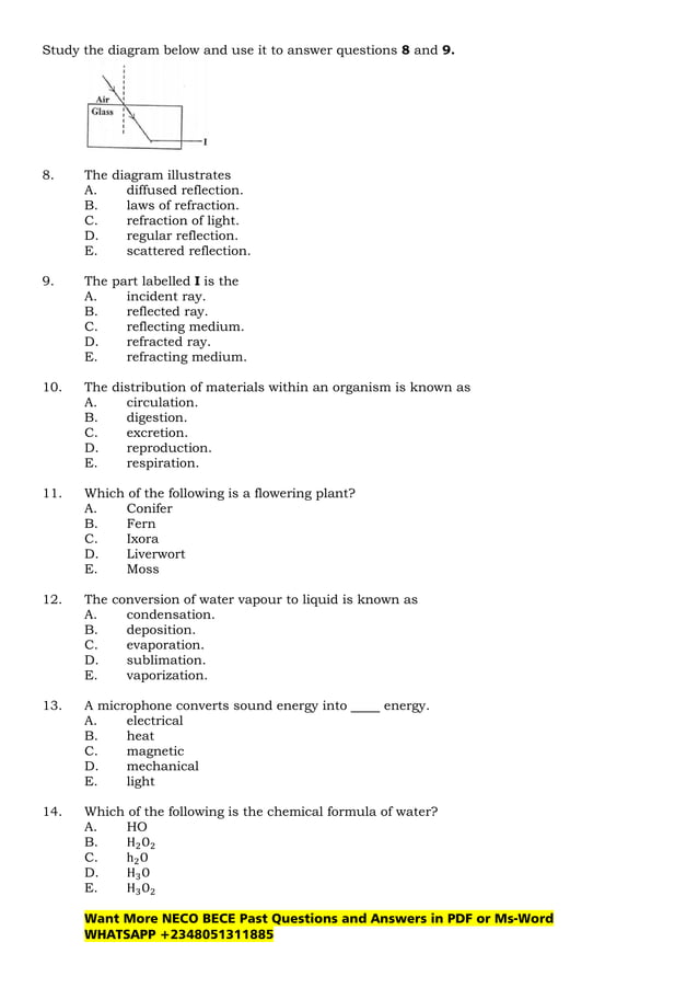 NECO BECE Basic Science Past Questions and Answer for JSS3 | PDF