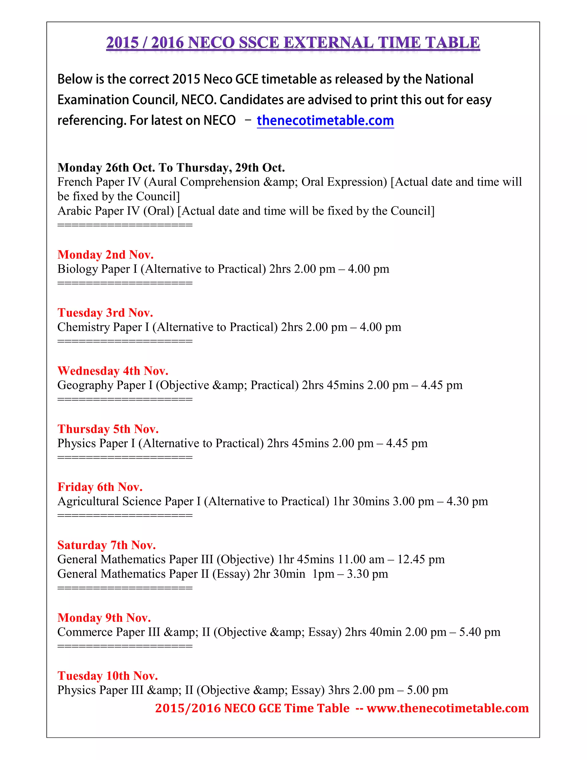 Neco GCE Timetable 2015 PDF