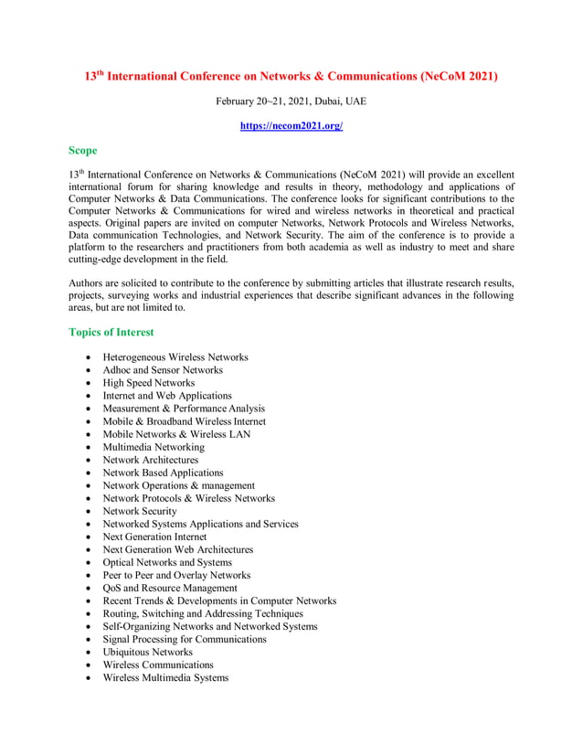 13th International Conference on Networks & Communications (NeCoM 2021 ...