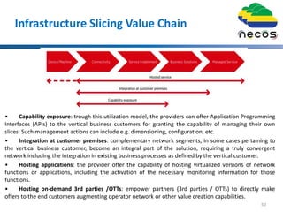 Infrastructure Slicing Value Chain
• Capability exposure: trough this utilization model, the providers can offer Application Programming
Interfaces (APIs) to the vertical business customers for granting the capability of managing their own
slices. Such management actions can include e.g. dimensioning, configuration, etc.
• Integration at customer premises: complementary network segments, in some cases pertaining to
the vertical business customer, become an integral part of the solution, requiring a truly convergent
network including the integration in existing business processes as defined by the vertical customer.
• Hosting applications: the provider offer the capability of hosting virtualized versions of network
functions or applications, including the activation of the necessary monitoring information for those
functions.
• Hosting on-demand 3rd parties /OTTs: empower partners (3rd parties / OTTs) to directly make
offers to the end customers augmenting operator network or other value creation capabilities.
50
 