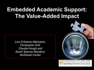 Lisa D’Adamo-Weinstein,
Christopher Grill,
Claudia Hough and
Sarah Spence-Staulters,
Northeast Center
Embedded Academic Support:
The Value-Added Impact
 
