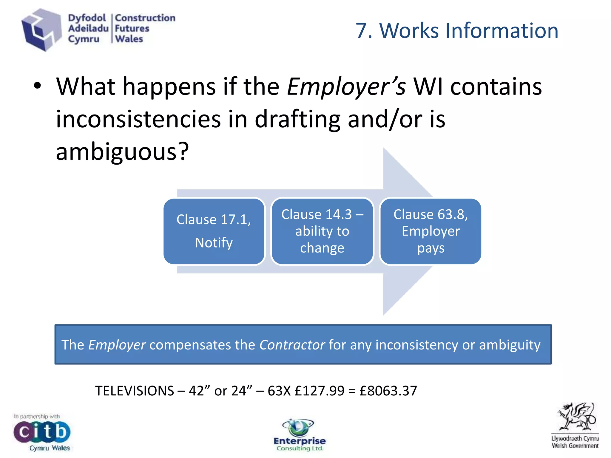 • What happens if the Employer’s WI contains
inconsistencies in drafting and/or is
ambiguous?
Clause 17.1,
Notify
Clause 14.3 –
ability to
change
Clause 63.8,
Employer
pays
The Employer compensates the Contractor for any inconsistency or ambiguity
7. Works Information
TELEVISIONS – 42” or 24” – 63X £127.99 = £8063.37
 