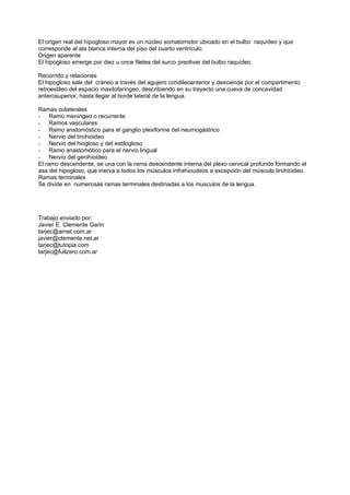 El origen real del hipogloso mayor es un núcleo somatomotor ubicado en el bulbo raquídeo y que
corresponde al ala blanca interna del piso del cuarto ventrículo.
Origen aparente
El hipogloso emerge por diez u once filetes del surco preolivar del bulbo raquídeo.

Recorrido y relaciones
El hipogloso sale del cráneo a través del agujero condileoanterior y desciende por el compartimento
retroestileo del espacio maxilofaringeo, describiendo en su trayecto una cueva de concavidad
anterosuperior, hasta llegar al borde lateral de la lengua.

Ramas colaterales
- Ramo meningeo o recurrente
- Ramos vasculares
- Ramo anstomóstico para el ganglio plexiforme del neumogástrico
- Nervio del tirohioideo
- Nervio del hiogloso y del estilogloso
- Ramo anastomótico para el nervio lingual
- Nervio del genihioideo
El ramo descendente, se una con la rama descendente interna del plexo cervical profundo formando el
asa del hipogloso, que inerva a todos los músculos infrahioudeos a excepción del músculo tirohioideo.
Ramas terminales
Se divide en numerosas ramas terminales destinadas a los musculos de la lengua.




Trabajo enviado por:
Javier E. Clemente Garin
tarjec@arnet.com.ar
javier@clemente.net.ar
tarjec@tutopia.com
tarjec@fullzero.com.ar
 