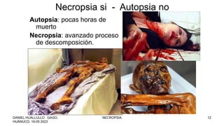 Autopsia: pocas horas de
muerto
Necropsia: avanzado proceso
de descomposición.
Necropsia si - Autopsia no
DANIEL HUALLULLO GAGO,
HUÁNUCO, 16-05 2023
NECROPSIA 12
 