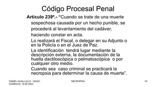 Código Procesal Penal
Articulo 239º.- “Cuando se trate de una muerte
sospechosa causada por un hecho punible, se
procederá al levantamiento del cadáver,
haciendo constar en acta.
Lo realizará el Fiscal, o delegar en su Adjunto o
en la Policía o en el Juez de Paz.
La identificación tendrá lugar mediante la
descripción externa, la documentación de la
huella dactiloscópica o pelmatoscópica o por
cualquier otro medio.
Cuando sea caso criminal se practicará la
necropsia para determinar la causa de muerte”.
DANIEL HUALLULLO GAGO,
HUÁNUCO, 16-05 2023
NECROPSIA 19
 