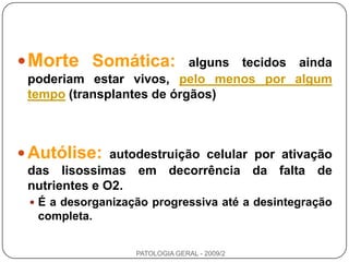 MorteSomática:alguns tecidos ainda poderiam estar vivos, pelo menos por algum tempo (transplantes de órgãos)Autólise:autodestruição celular por ativação das lisossimas em decorrência da falta de nutrientes e O2. É a desorganização progressiva até a desintegração completa.PATOLOGIA GERAL - 2009/2